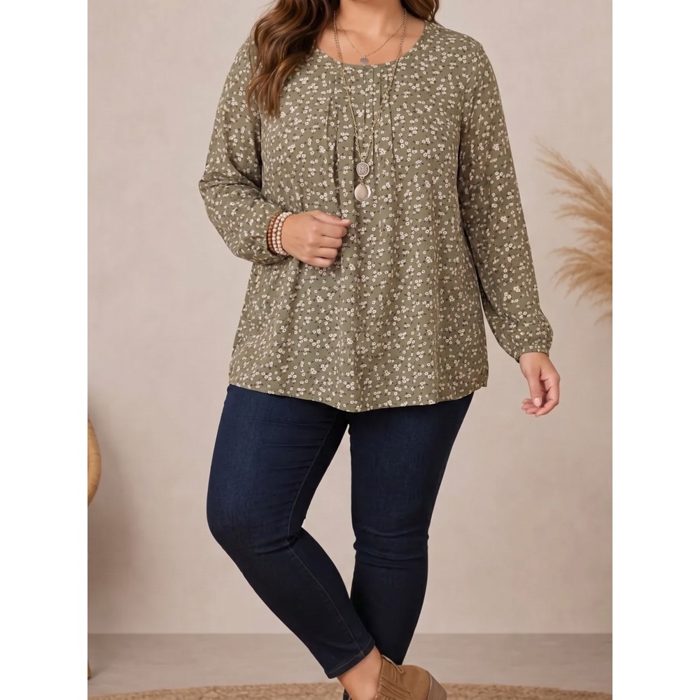 Monday Fun XXL Olive Green Floral Pleated Long Sleeve Blouse Top